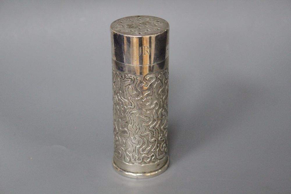 Anthony Hawksley. A silver caster with cast wrigglework decoration, initialled JRTA, London 1982, 12.25cm, 6oz.